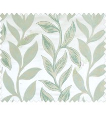 Big aqua blue green beige leaves on stem with embossed look on cream shiny fabric main curtain